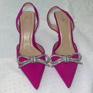 Zara Fuchsia Pink satin embellished crystal bow sling back heels